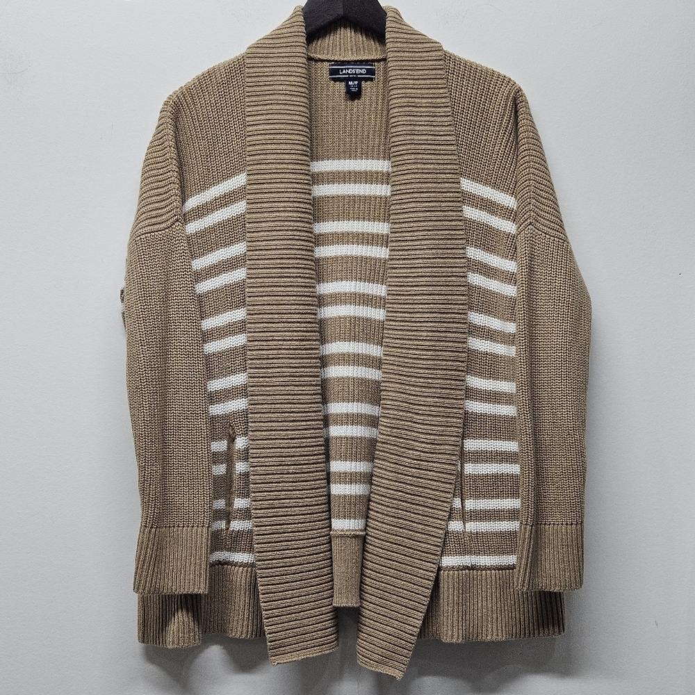 Lands End Drifter Cardigan Sweater Womens MP Shawl Collar Stripe Open Front Cozy